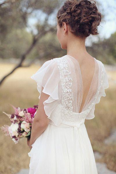 Wedding - Ivory V Neck Chiffon Florals A-line Simple Wedding Dress