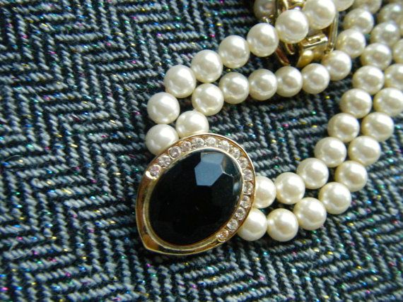 Mariage - Pearl And Black Rhinestone Demi Parure , Dressy Costume Jewelry