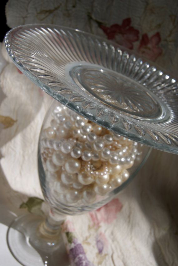 Hochzeit - Glass Cake Stand Cupcake Stand Handmade Filled With Pearls