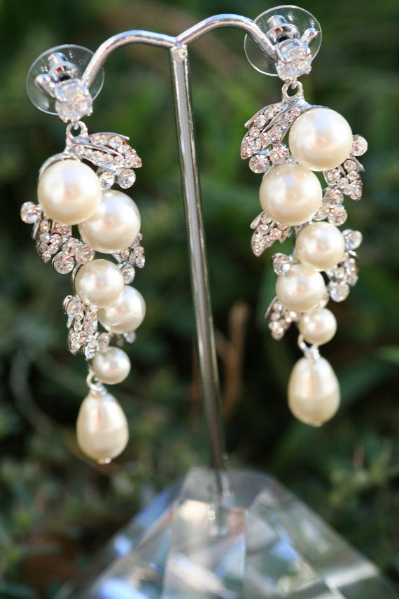 Hochzeit - Pearl Earrings- Wedding Jewelry, Bridal Earrings, Swarovski , Lamor Swarovski Crystal And Pearl Bridal Earrings