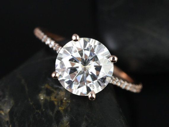 زفاف - Eloise 9mm Size 14kt Rose Gold Round FB Moissanite And Diamonds Cathedral Engagement Ring (Other Metals And Stone Options Available)