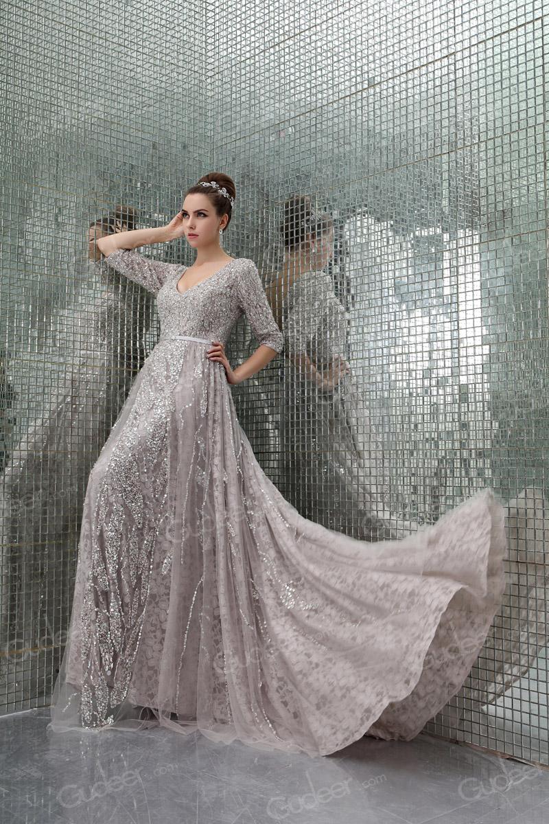 Hochzeit - Full Sequins V-neck Luxury Evening Formal Dress with 3 Quarter Sleeves