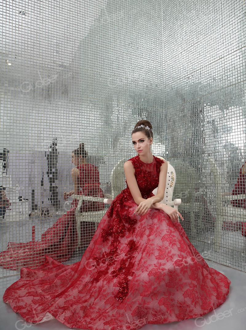 زفاف - Luxury Beaded Embroidery Floral Sleeveless Ruby Illusion Formal Evening Dress