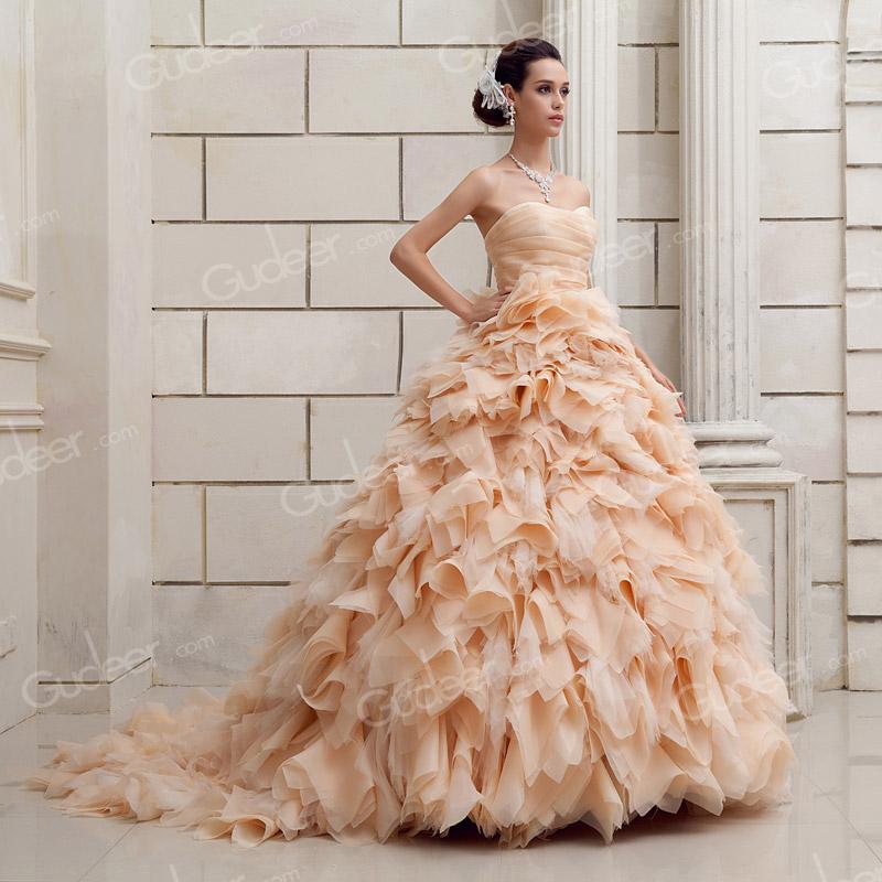 Wedding - Luxury Champagne Organza Twirled Puff Lace Up Wedding Ball Gown