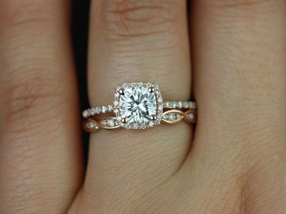 Hochzeit - Barra Cushion Petite Size & Ember 14kt Rose Gold FB Moissanite And Diamond Halo Wedding Set (Other Metals And Stone Options Available)