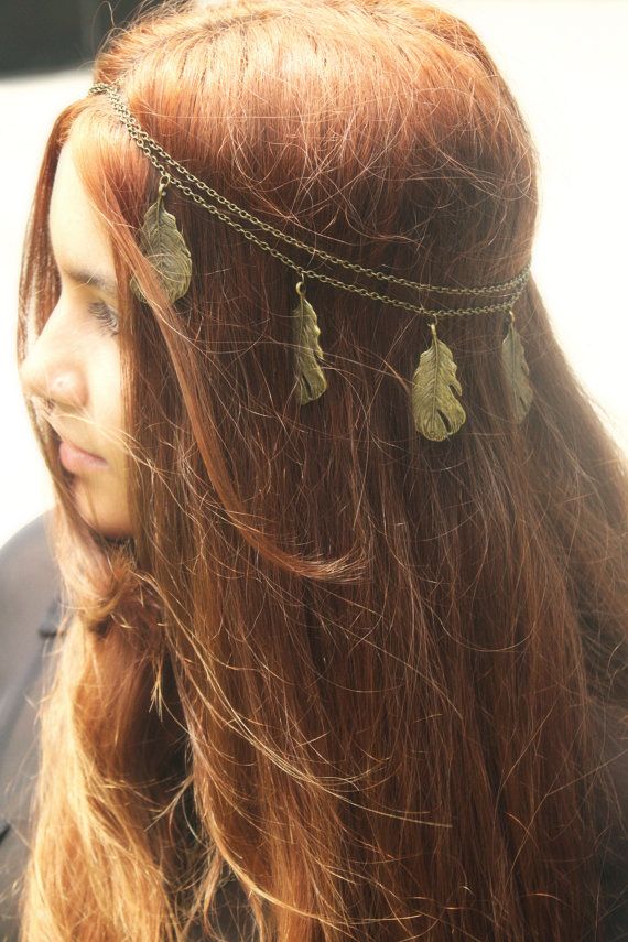 Hochzeit - Chain Headpiece Headband Hair Piece Bohemian Hipster Boho Hippie Bronze Feather Pendant Bridal Statement Jewelry FPCOHPVico1