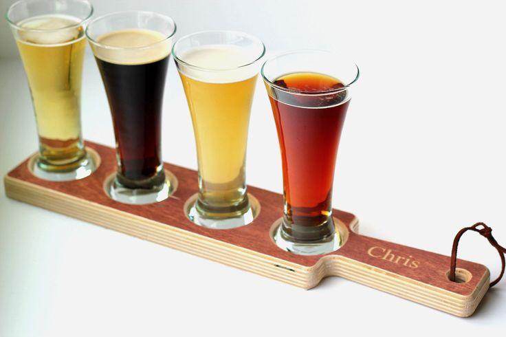 Hochzeit - Wood Beer Flight Tasting Paddle With Engraved Handle ~ Unique Groomsman Gift ~