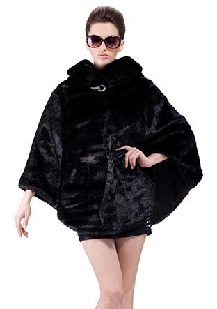 Mariage - Black faux mink fur bat style with hood women hip length coat