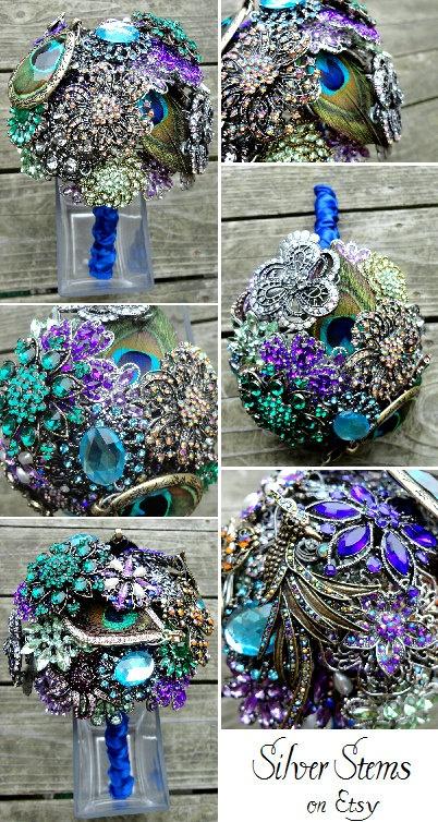Wedding - Peacock Wedding Brooch Bouquet With Real Feathers - Made To Order