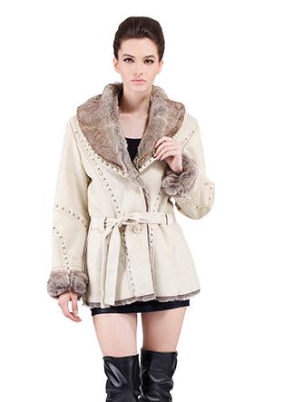 زفاف - Beige suede with gray faux rabbit fur short suede coat