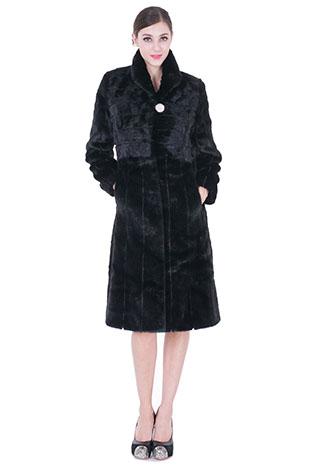 Wedding - Faux black mink fur with diamond button long women coat