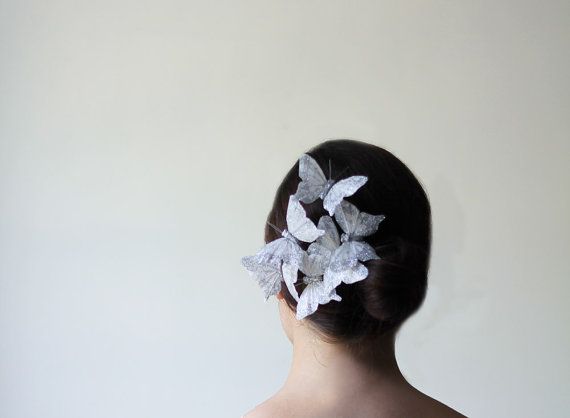 زفاف - White Silver Sparkle Butterfly Barrette - Wedding Accessory, Bridal, Bride, Bridesmaid