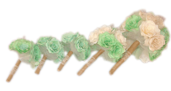 Hochzeit - Mint Green Wedding bouquets, Lace Bridal Party bouquets, Burlap bouquets, Silk bouquet, Fake bouquets, Paper bouquets, Shabby chic bouquets