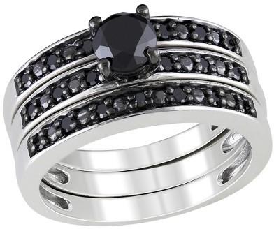 Hochzeit - 1 CT. T.W. Round Diamond Three Band Bridal Ring Set in Sterling Silver (GH I3) - Black