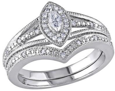 Hochzeit - 1/3 CT. T.W. Marquise and Round Diamond Bridal Ring Set in Sterling Silver (GH I2-I3)