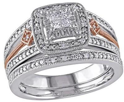 Hochzeit - 1/4 CT. T.W. Princess and Round Diamond Bridal Ring Set in Sterling Silver (GH I2-I3) - Pink