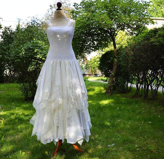 Hochzeit - Upcycled Wedding Dress Fairy Tattered Romantic Dress Upcycled Woman's Clothing Shabby Chic Funky Eco Style MADE TO ORDER