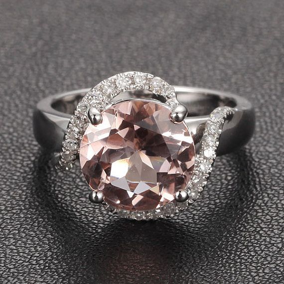 Mariage - Pave Diamond Halo Ring 14K White Gold 8mm Round Morganite Engagement Ring Wedding Ring Swirl