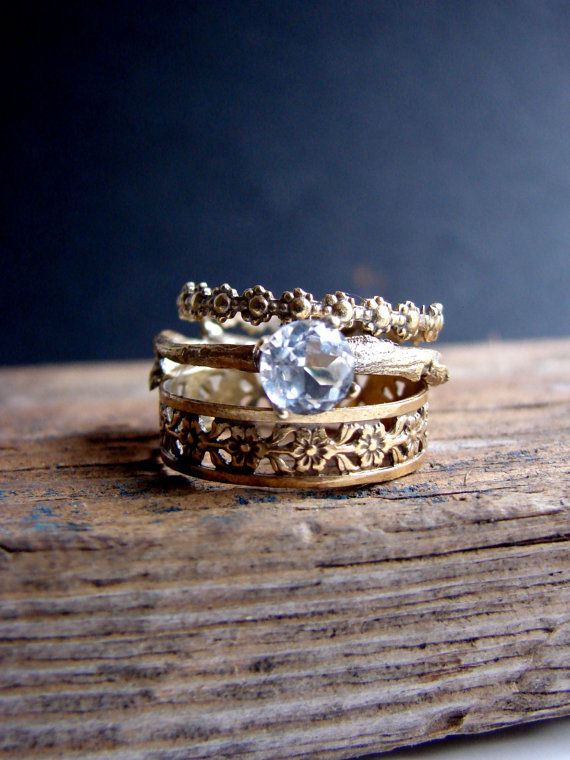 Wedding - Gold Plated Stack Rings White Topaz Floral Sterling Silver Ring Gemstone Ring Botanical Jewelry