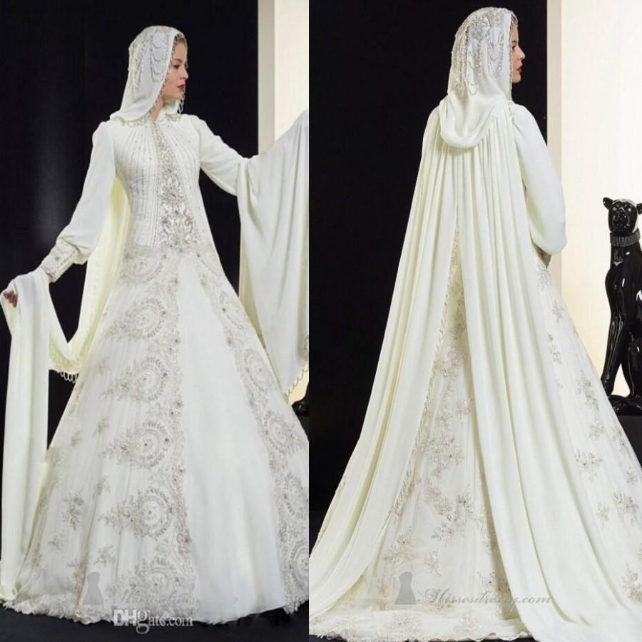 Hochzeit - Discount 2015 Saudi Arabia Muslim Long Sleeve Wedding Dress High Collar Pearls Beading Draped Chiffon Sweep Train Luxury A-Line with Cloak/Cowl Back Online with $241.89/Piece 