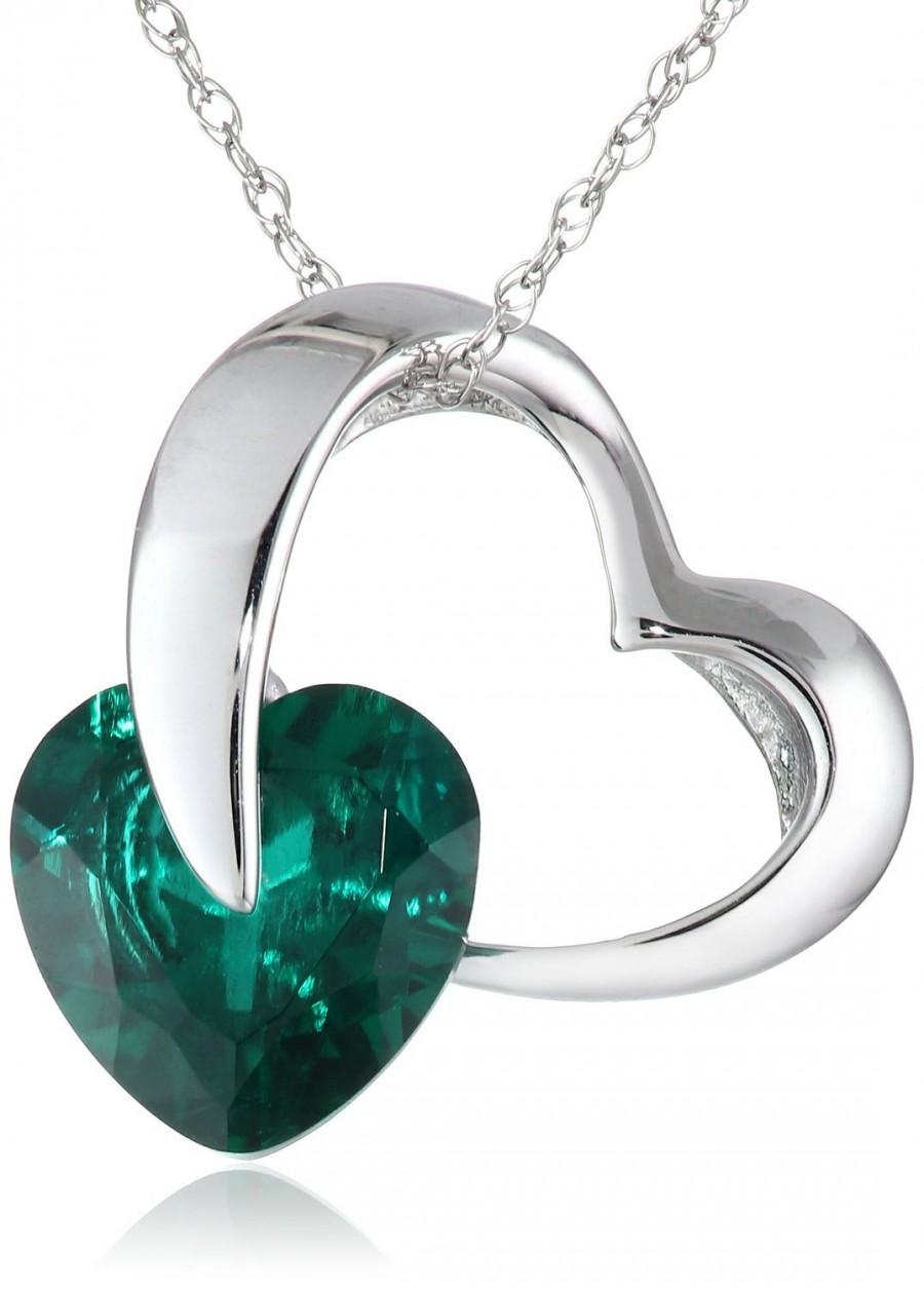 Wedding - BEST SELLERS - White Gold Ladies Pendant Green Emerald Sapphire Heart Necklace