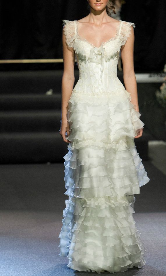 Mariage - Designer Wedding Gown Bohemian Wedding Dress Organza 100% Silk, Lace Chantilly Wedding Dress
