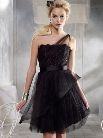 زفاف - Black One Shoulder Tulle Short Bridesmaid Dress 2013