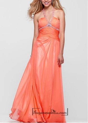 Wedding - Beautiful Silk-like Chiffon A-line Halter V-neck Ruched Bodice Floor Length Prom Dress With Beadings and Rhinestones