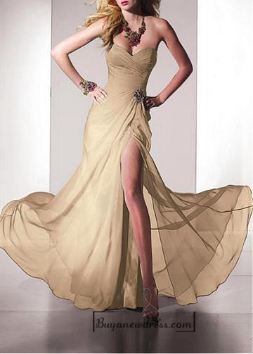 Wedding - Beautiful Silk-like Chiffon A-line Strapless Sweetheart Neckline Ruched Long Slit Prom Dress With Beadings