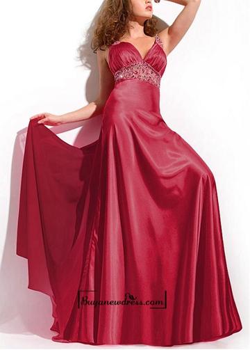 Wedding - Amazing Stretch Satin & Chiffon A-line V-neck Empire Waist Floor Length Ruched Prom Dress With Beadings