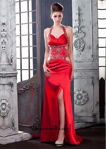 Mariage - Amazing Stylish Satin Sheath Halter Neckline Floor-length Prom Dress With Beadings And Rhinestones