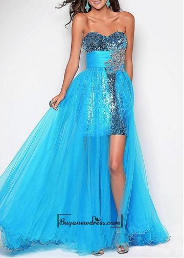 Mariage - Amazing Tulle Short Strapless Sweetheart Empire Waist Sequin Lace High Low Prom Dress