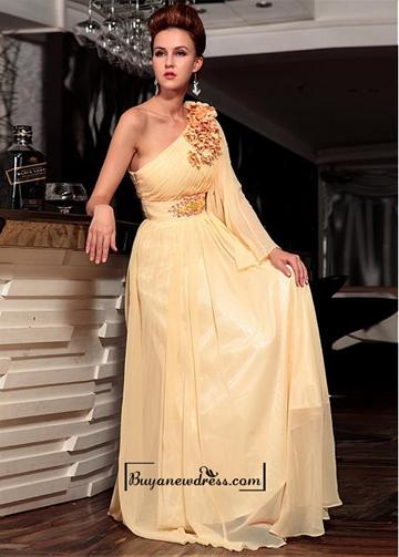 Свадьба - Attractive A-Line One Shoulder Sleeve Natural Pleated Floor Length Evening Dress With Beadings