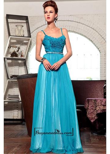 Свадьба - Attractive A-line Spaghetti Straps Raised Waist Blue Long Pleated Evening Formal Dress with Beadings