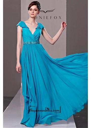 زفاف - Attractive A-line V-neck Cap Sleeves Natural Waist Full Length Blue Evening Dress / Formal Dress With Beadings
