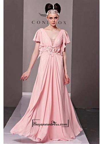 Hochzeit - Attractive A-line V-neck Short Sleeves Floor Length Pink Evening Dress With Beaded Flowers