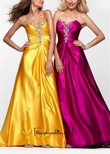 Wedding - Attractive Charmeuse A-line Beaded Strapless Sweetheart Neckline Ruched Waist Prom Dress With Small Train