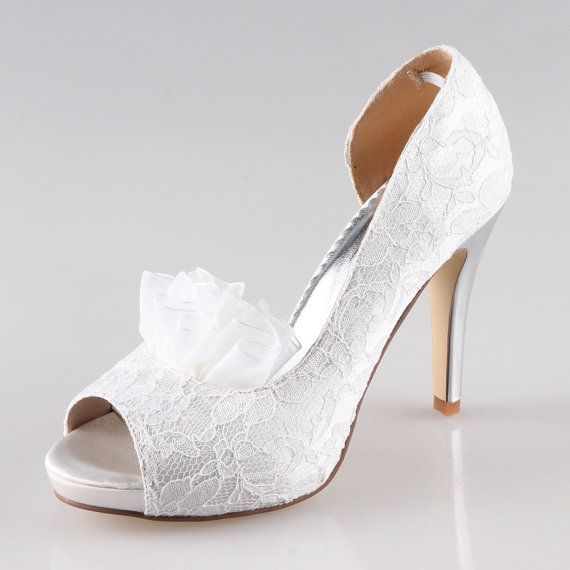 Свадьба - Handmade Ivory White Lace Wedding Shoes , Party Shoes , Prom Shoes Lace Peep Toes Pumps