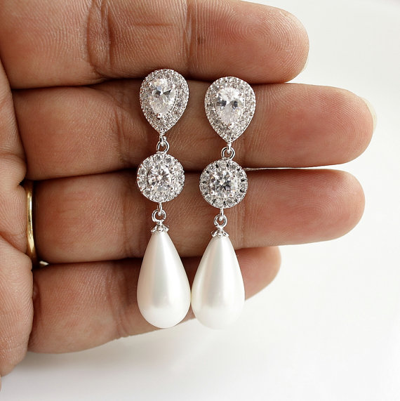 Hochzeit - Pearl Earrings Bridal Jewelry Pearl Wedding Jewelry Cubic Zirconia Posts White Pearl Large Teardrops Crystal Wedding Earrings