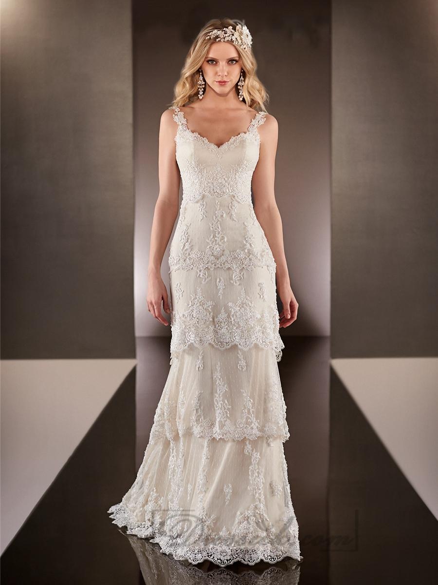 Свадьба - Straps Dramatic V-neck Lace Over Wedding Dresses with Layered Scalloped Skirt