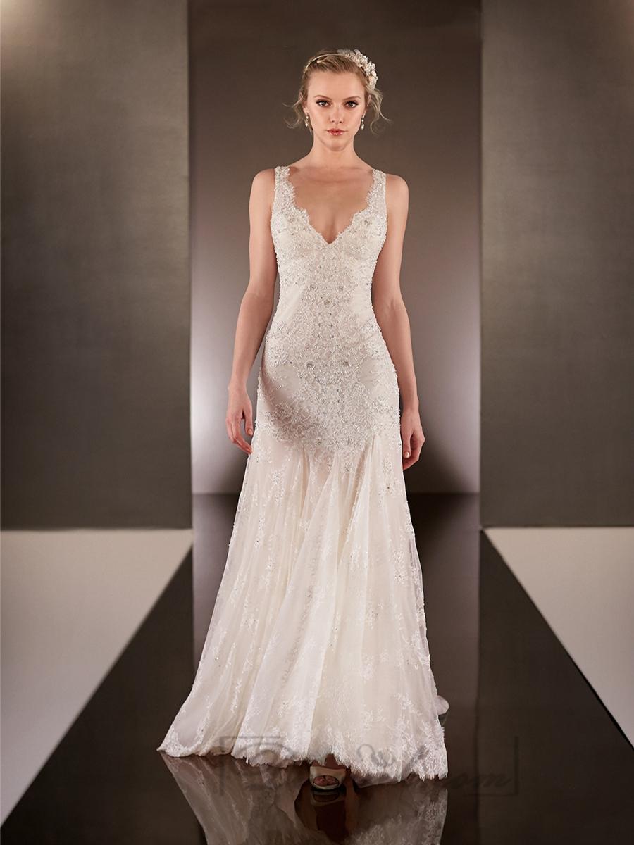 زفاف - Elegant Beaded Straps Plunging V-neck Lace Wedding Dresses with Square Open Back