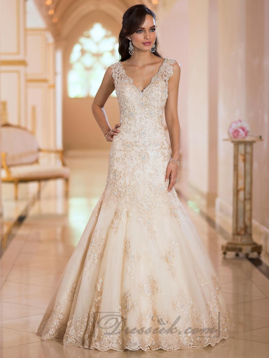 Hochzeit - Elegant Straps Pluging V-neck Beaded Lace Wedding Dresses with Deep V-back