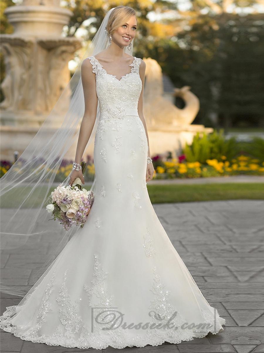 زفاف - Straps Lace Appliques Trumpet Mermaid V-back Wedding Dresses
