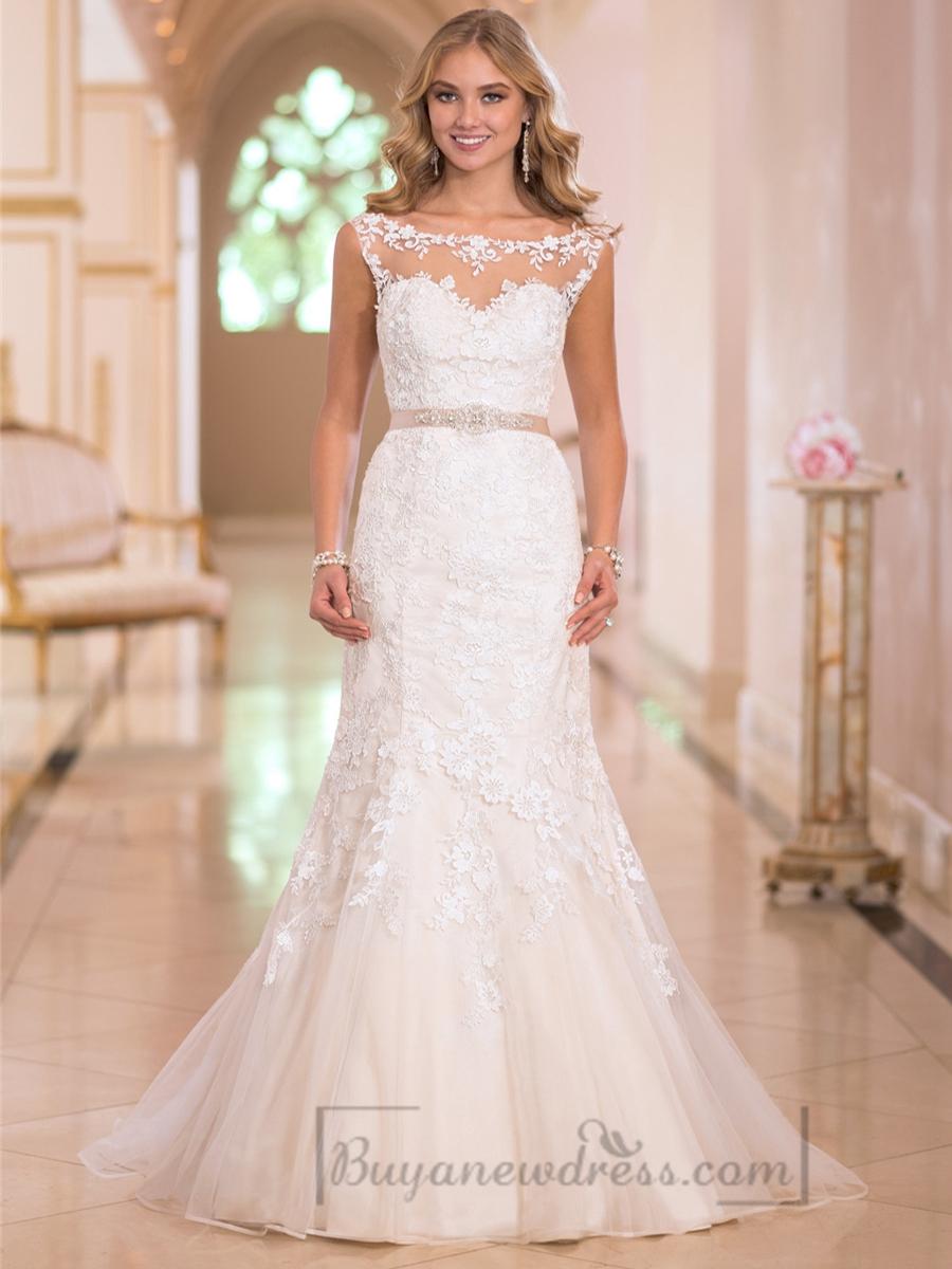 زفاف - Fit and Flare Illusion Lace Bateau Neckline Wedding Dresses with Open V-back