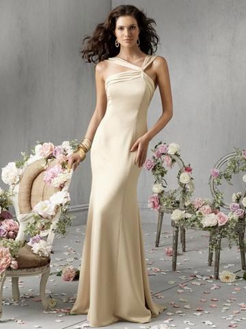 زفاف - Elegant Vanilla Silk Long Trumpet Bridesmaid Dress with Asymmetrical Draped Neckline