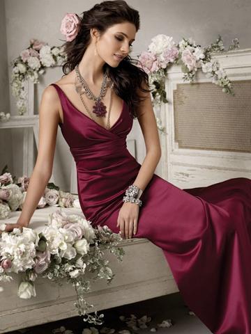 Hochzeit - Burgundy Satin Sleeveless V-neck Floor Length A-line Bridesmaid Dress