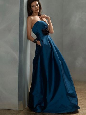 Mariage - Peacock Silky Taffeta Strapless Fashion Long Bridesmaid Ball Gown with Flower