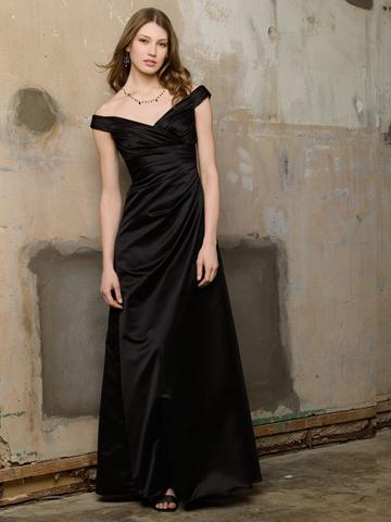 زفاف - Black Satin Off-the-shoulder Long Bridesmaid Dress with Side Draped Bodice and Full Skirt