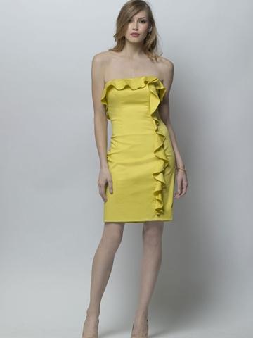 Hochzeit - Lemon Cotton Sateen Strapless Sheath Bridesmaid Dress with Ruffled Pencil Skirt
