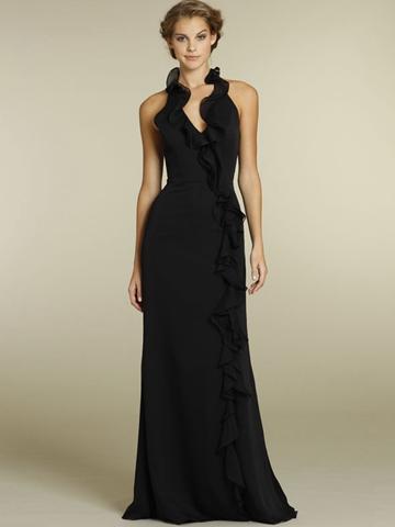 Mariage - Black Chiffon Casual Long Bridesmaid Dress with Ruffled Halter Neck and Skirt